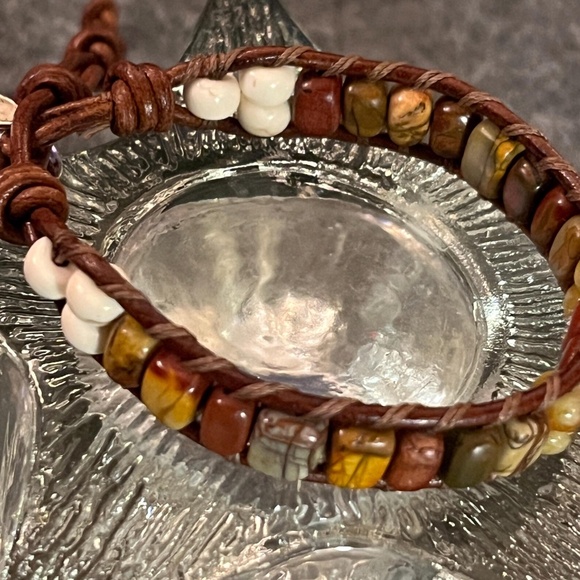 Leather Wrap Bracelet - Red Creek Jasper, Serpentine Jade, Silver Artisan Button - Picture 3 of 8